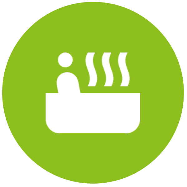 Hot tub ICON. Shows a white silhouette of a person in a hot tub on a colored background.